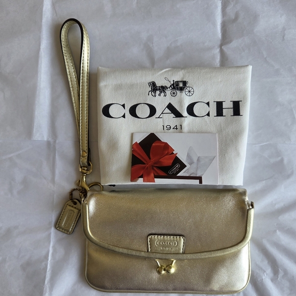 Coach Leather Wrist Clutch w/Kisslock (65th Anniv "Legacy"), Metallic Gold, NWOT - Picture 1 of 9